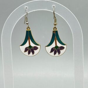 Vintage Cloisonne Floral Colorful Dangle Wire Earrings 2" Boho Jewelry